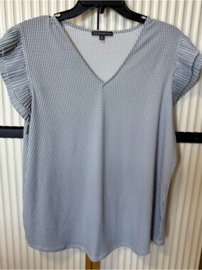 Adrianna Papell Light Blue Micro-Check V-Neck Flutter Sleeve Blouse